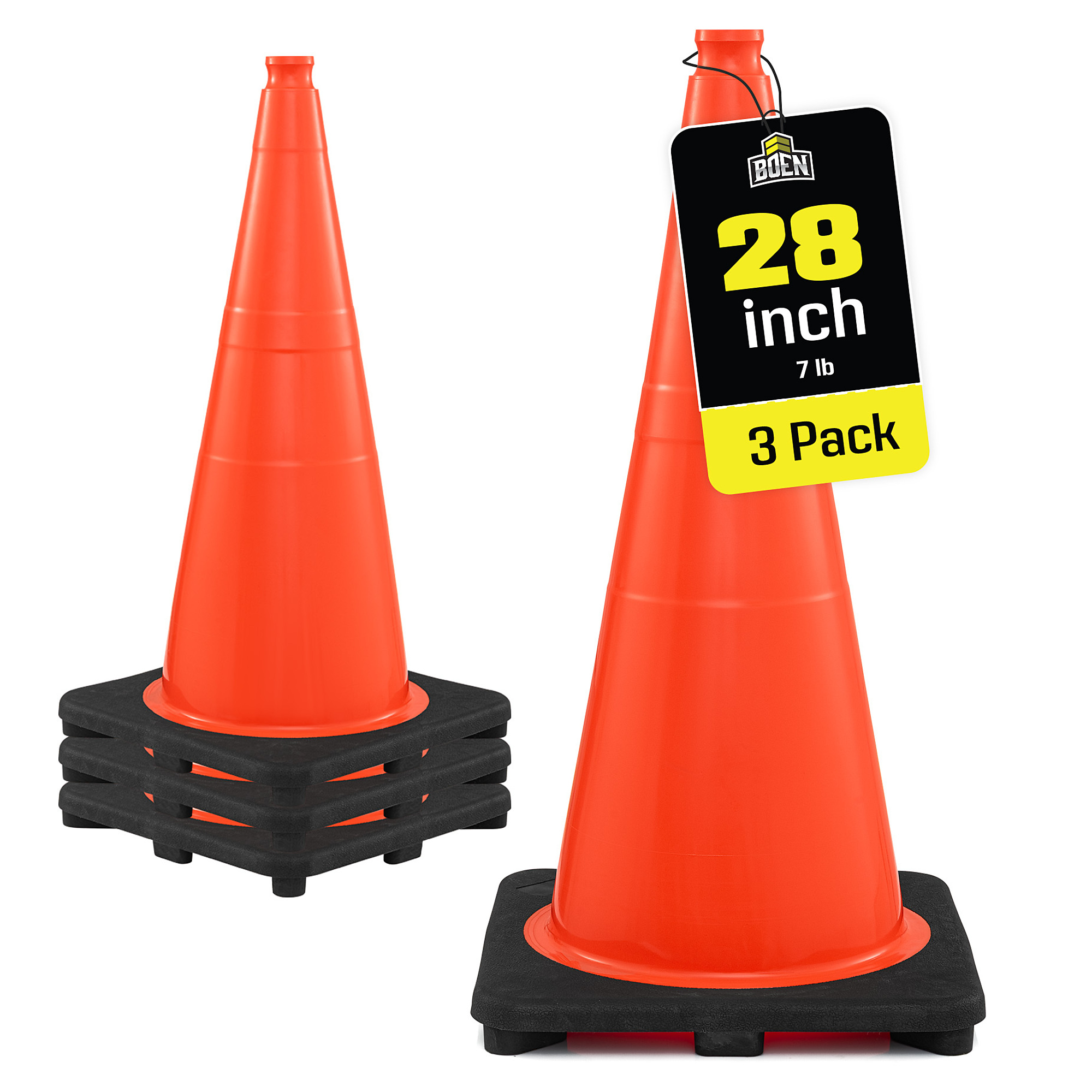 Boen 28 in, Orange Traffic Cone, 3-Pack, High-Visibility Safety Cones with 7 lb. Base for Parking, Road Work & Traffic Control